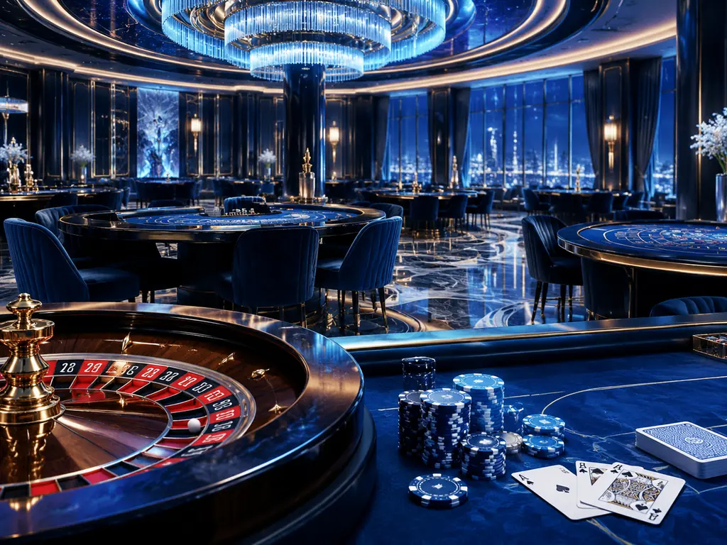 Interior casino dengan meja kartu dan roulette