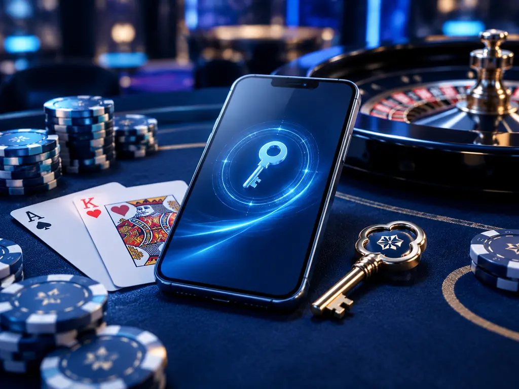 Ponsel dengan lambang kunci di samping kartu casino