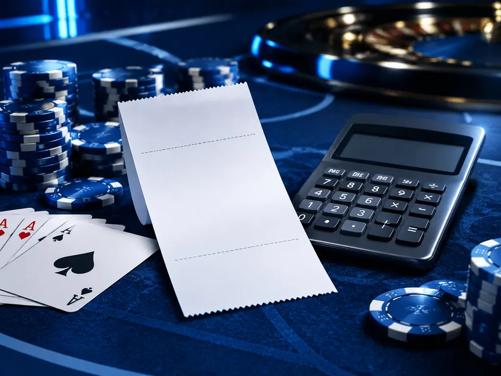 Bukti transaksi kosong dan kalkulator pada meja casino