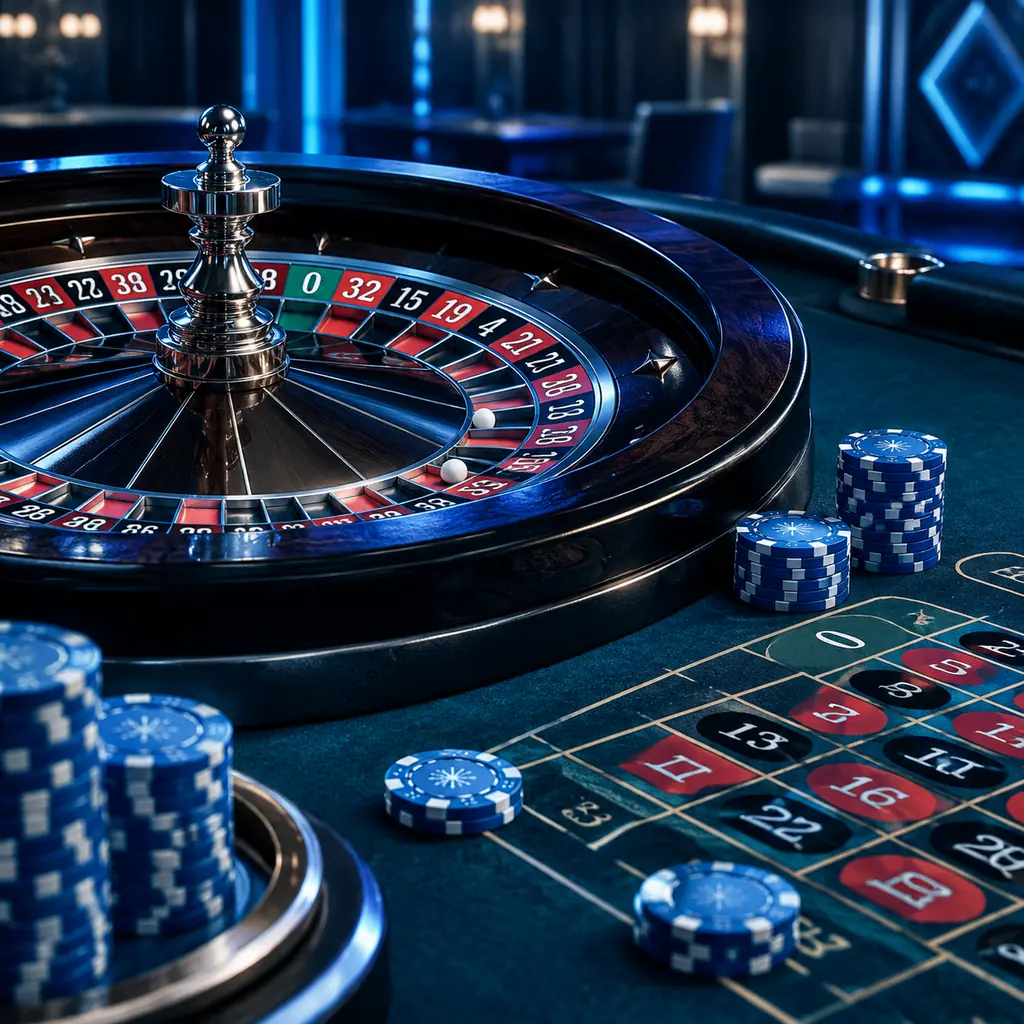 Roda roulette dan area taruhan dengan chip biru